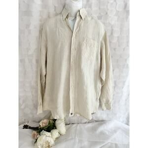 100% Linen Mens Large Beige Long Sleeve Button Down Shirt Henry Jacobson